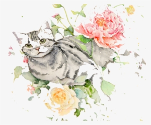 Clip Art Freeuse Download Flowers Cat Watercolor Painting - Cat With Flowers Drawing #7843