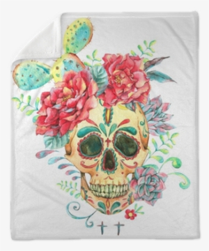 Watercolor Card With Skull And Roses Plush Blanket - Succulent Skull Art #7994