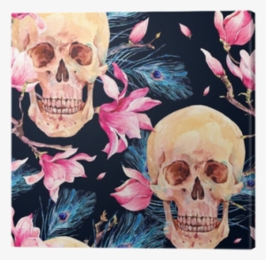 Watercolor Seamless Pattern With Skull And Magnolia #10655