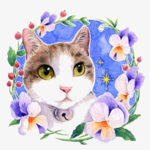 Clipart Free Library Watercolor Flowers Cat Watercolour - Cat With Flowers Painting #16183
