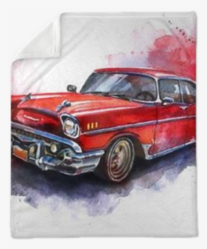Watercolor Hand Drawn Old Fashioned Red Car Plush Blanket - Carro Dibujo Acuarela #19769