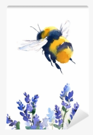 Bumblebee Flying Over Blue Flowers Watercolor Hand - Bumble Bee Watercolor #100112