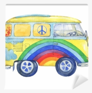 Old-fashioned Yellow Hippie Сamper Bus, Painted In - Watercolor Painting #105277