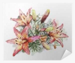 Watercolor Illustration Of Bouquet Of Lilies Poster - Evsimo Dekoratif Yastık 40x40 Cm - (452-13081) #1003246