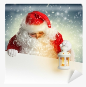 Santa Claus Looking Down On White Blank Banner Holding - Santa Claus With A Lantern #1015153