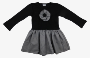 Long Sleeves Black & Gray Flower Front Solid Gray Ruffle - Ruffle Skirt Dress #1021765