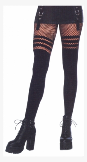 Opaque Faux Thigh High Stockings With Striped Fishnet - Faux Thigh High Tights #1021909