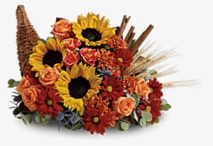 Sunflowers And Orange Roses Are Accented With Blue - Teleflora T168-3a Classic Cornucopia - Fall Flowers #1026446