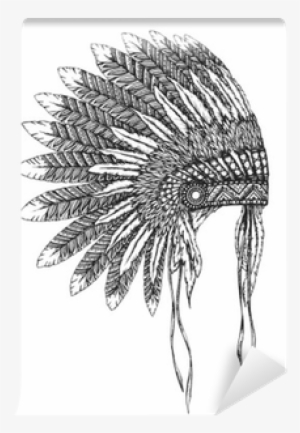 Native American Indian Headdress With Feathers In A - Drawing Of Indian Headdress #1081298