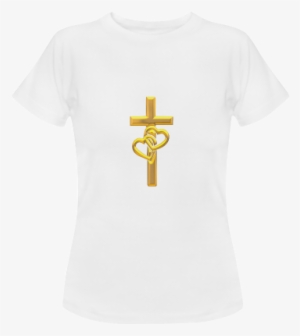Christian Symbols Golden Cross With 2 Hearts Women's - T-shirt #1086985