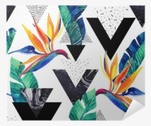 Watercolor Exotic Flowers, Leaves, Grunge Textures, - Abstract Tropical Summer Design Seamless Pattern #110229