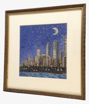 Naive Nocturnal Cityscape Watercolor Painting Signed - Picture Frame #116979