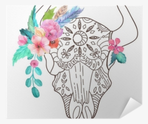 Doodle Bull Skull With Watercolor Flowers And Feathers - Watercolor Painting #118823