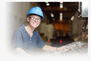A Woman In A Blue Shirt And Blue Hard Had Working On - Hard Hat #1119147