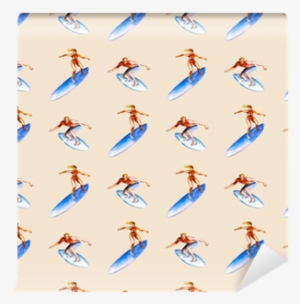 Watercolor Seamless Pattern With Surfers On Pink Background, - Watercolor Painting #1126680