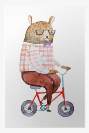 Cartoon Bear Dressed Up In Hipster Clothes Riding A - Watercolor Painting #1146904