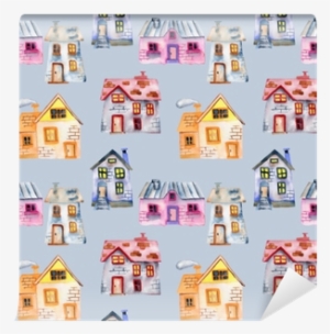 Seamless Pattern With Watercolor Cartoon Private Houses, - House #1147728
