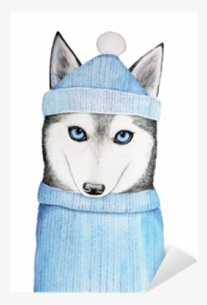 Cute Husky Dog In A Blue Winter Hat And Warm Sweater - Sweater #1179000
