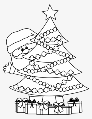Black And White Santa Behind Christmas Tree - Christmas Clipart Black And White #1192393