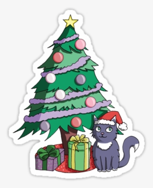 Santa Cat Under A Christmas Tree Sticker - Sankt-katze Unter Einer Kissen #124812