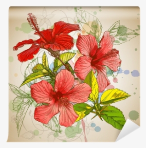 Hibiscus Flowers & Watercolor Background Wall Mural - Hibiscus Design Shower Curtain #126316