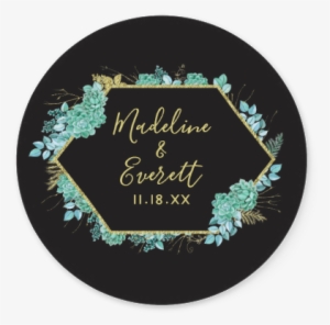 Aqua Teal Watercolor Succulents Gold Foil Frame & Black - Wedding #128563