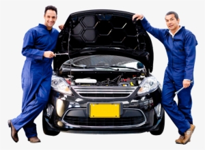 Two Mechanics Standing Beside A Car With Open Hood #1207678