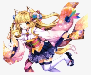 Renders Fille Blonde Kitsune Renard Kimono Pinceau - Anime Art Girl Transparent #1248449