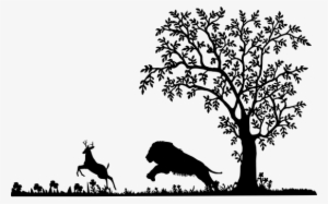 Lion, Attack, Deer, Silhouette, Mammal - Tree Drawing With Swing #1259951