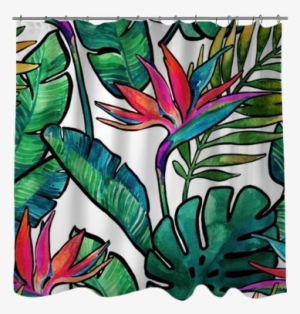 Watercolor Tropical Leaves And Flowers With Contour - Watercolor Painting #1285366