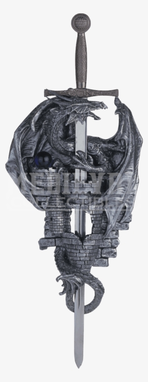 Dragon And Castle With Sword Wall Plaque - Dragon Wrapped Around A Sword #1294208