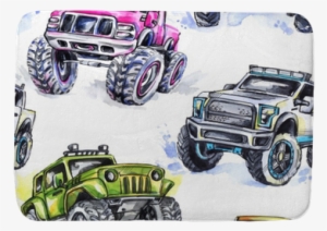Watercolor Seamless Pattern Cartoon Monster Trucks - Sport Utility Vehicle #132988