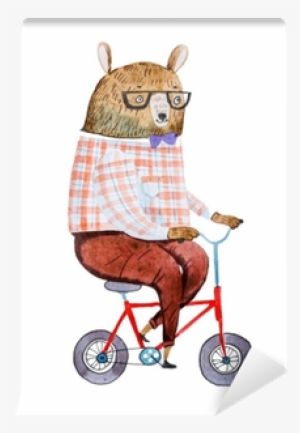 Cartoon Bear Dressed Up In Hipster Clothes Riding A - Watercolor Painting #133869