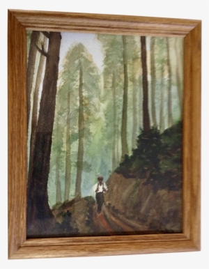 B Lewis, Figural Hiking On Forested Trail, Naive Watercolor - Watercolor Painting #135588