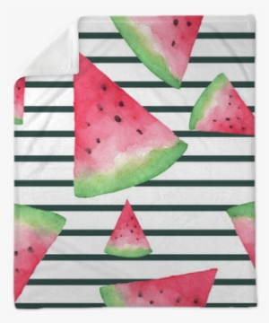 Seamless Background With Watermelon Slices On Stripes - Watercolor Painting #136077