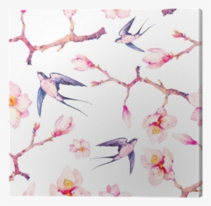 Watercolor Spring With Swallow Seamless Pattern - Swallows And Pink Flowers Painting #136691