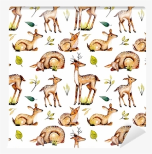 Seamless Pattern With Watercolor Deers, Baby Deers - Deer #1303340