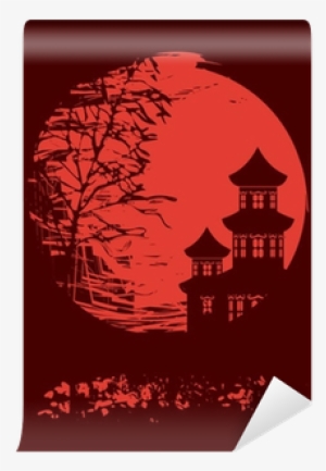 Autumn Tree And Two Pagodas On A Red Moon - Vector Graphics #1327611