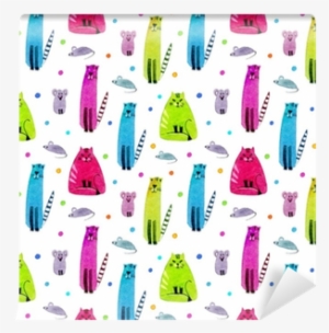 Seamless Pattern Of A Funny Cat, Mouse And Balls - Watercolor Painting #1336561