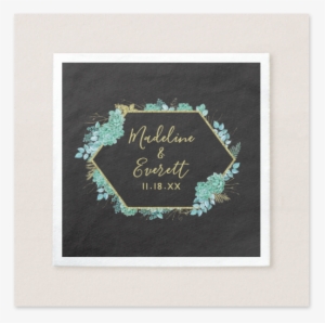 Aqua Teal Watercolor Succulents Gold Foil Frame & Black - Wedding #1370441