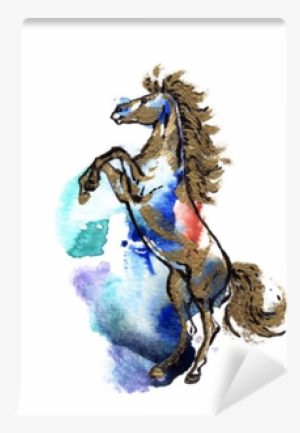 Rearing Horse Black And Gold Drawing On A Watercolor - Watercolor Painting #1385815