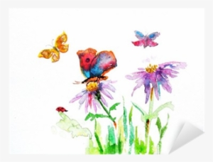 Watercolor Drawing Of A Flower With A Butterfly Sticker #1388686