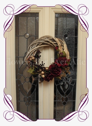 Small Burgundy And Gold Christmas Door Wreath / Hanger - Flowers For Ever After #1389312