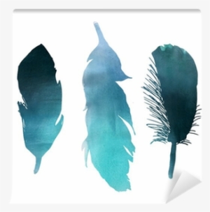 Blue Turquoise Watercolor Bird Feather Wall Mural • #149507