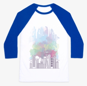 Seattle Graphic Watercolor Cityscape Baseball Tee - Cats And Bernie Sanders #1464127