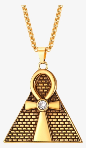 Golden Ankh Pyramid Pendant - Ancient Pyramid Ankh Egyptian Cross Pendant & Chain #1486040