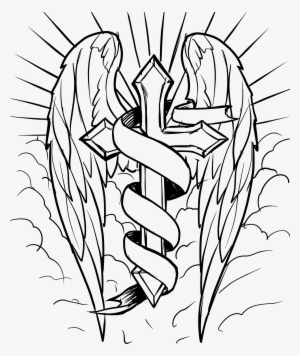Cross With Ribbon Drawing At Getdrawings - Cross With Wings Coloring Pages #1486605
