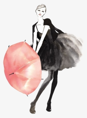 Girl With Red Umbrella Watercolor Art - Little Black Dress Painting #1489847