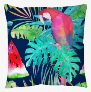 Summer Pattern With Watercolor Parrot, Palm Leaves - Arbuz Tapeta Akwarela #156395