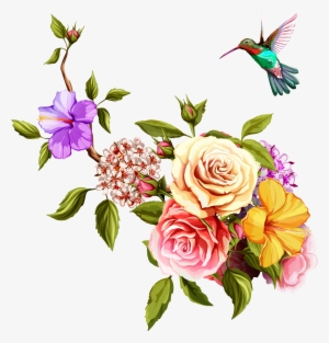 Transparent Watercolor Painting Flowers And Birds Transprent - Old Rose Hummingbird Png Birds And Flowers Border #157036